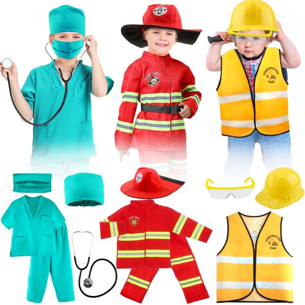 3 Set Kids Role Play Costume Children Construction Workers Doctor Firefighters Dress Up Vest Occupation Pretend Play Outfits for Boys Girls Halloween Party Role Cosplay