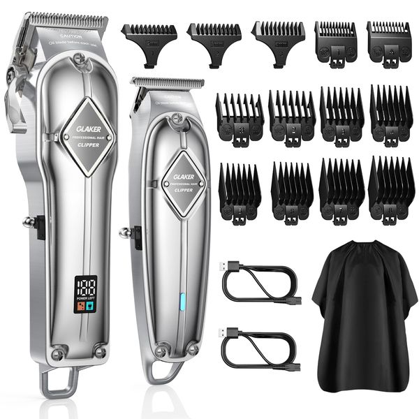 GLAKER Haarschneidemaschine für Herren + Haarschneider Kit, Akku-Friseur Professionelles Haarschneidemaschine Haarschneide-Set Bartschneider für Männer Frauen Kinder (Silber)