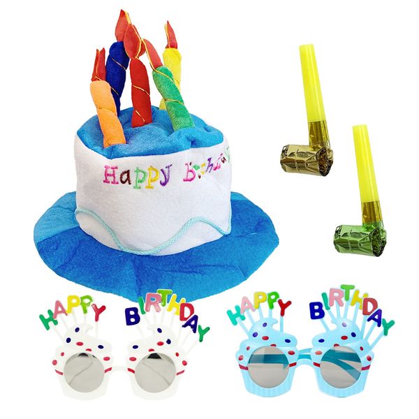 LSYYSL 1 Pcs Happy Birthday Plush Hat, Cake Plush Hat with Multicolor Candles, Birthday Party Dress Up Show Props, with 2 Pairs of Birthday Glasses and 2 Pcs Party Blowers Blowouts.