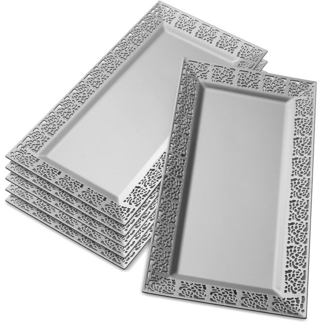 Elegant Lace Plastic Serving Trays (6 PC), Disposable Plastic Trays and Platters for Party - 14” x 7.5”, Serves Snacks, Charcuterie, Desserts, Sweets, Perfect for Upscale Wedding, and Dining - Silver