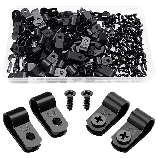 VooGenzek 100 Stück 8.4mm (5/16 Zoll) Nylon R-Type Kabelhalter, R Typ Cable Clip Drahtklemme mit 100 Stück Schrauben, für Drahtmanagement (Schwarz)