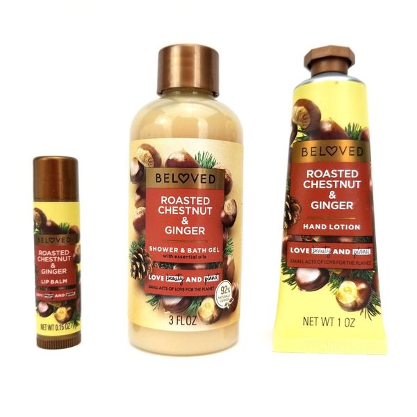 Beloved Set Roasted Chestnut & Ginger Shower & Bath Gel, Hand Lotion, Lip Balm