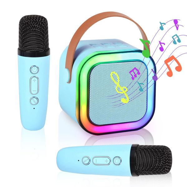 Mini Karaoke Machine for Kids Adults Portable Bluetooth Speaker with 2 Wireless Microphones,Toddler Singing Toys Teen MP3 Music Player for Boys Ages 3-12 Year Old Birthday Gift Family Home Party(Blue)