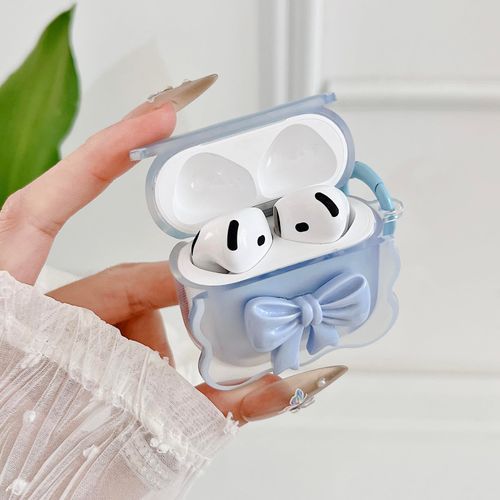Cute AirPods 4 Clear Case SkyBlue, Girly 3D Bow Design Soft TPU Protective Shockproof Kawaii Apple iPod 4th Generation Cover with Cleaner Kit & Keychain Girls