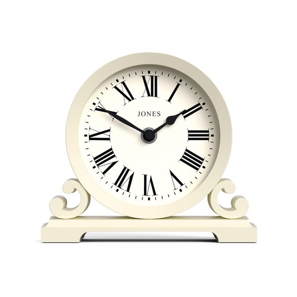 Jones Clocks® 'Saloon' mantel clock - classic double scroll design in pale cream with roman numerals, traditional style for desk, table, shelf, or bedside