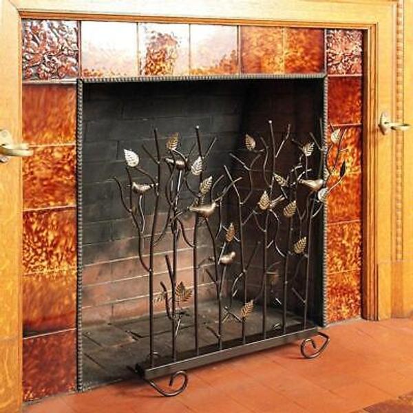 ACHLA DESIGNS Wrought Iron 1-Panel 26" Birds Summer Fireplace Screen Bronze/Gold