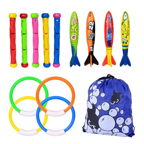 Diving Pool Toys, Underwater Diving Toys Set Includes 5 Pcs Dive Sticks for Kids, 4 Pcs Torpedo Bandits, 4 Pcs Diving Rings, Fun Swimming Toys for Pool