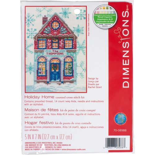 Dimensions 70-08988 Ivory, 5" x 7" Holiday Home Counted Cross Stitch Kit, 14 Navy Aida