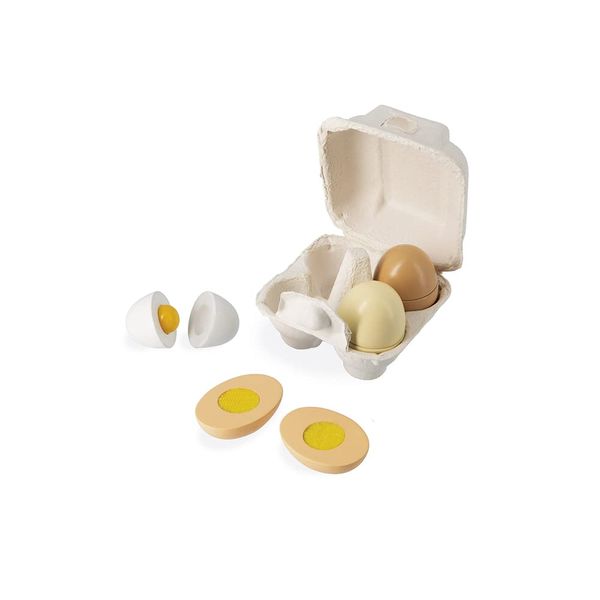 Janod - Box of 4 Wooden Eggs - Pretend Play Kitchen Toy or Doll’s Tea Set - 4 Different Opening Systems - Water-Based Paint - Ages 3 Years + - J06593