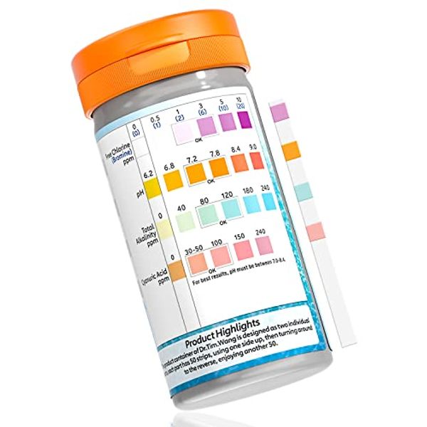 Pool and Hot Tub Test Strips - Medical-Grade Precision 4-1 Pool Test Kit - Testing pH, Free Chlorine(Bromine), Total Alkalinity & Cyanuric Acid - 100 Strips Pool Water Test Kit