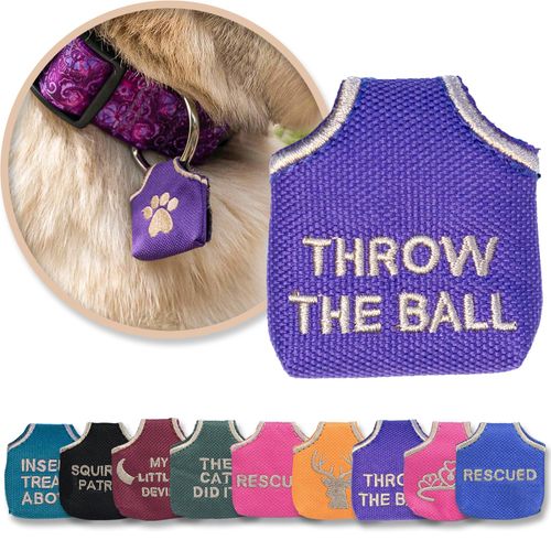Woofhoof’s Dog Tag Silencer, Quiets Dog ID Tags, for Dogs and Cats, Purple Throw The Ball, 1.75 x 1.75 x.25