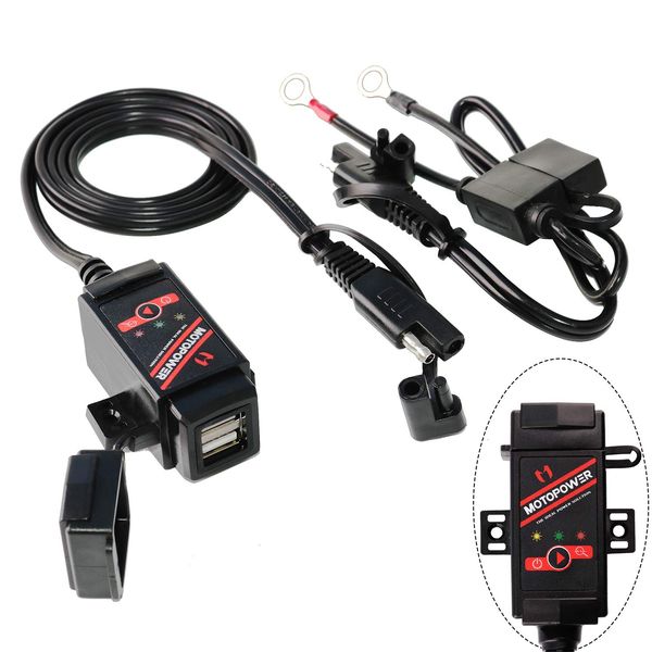 MOTOPOWER MP0608 3.1Amp Motorcycle Dual USB Port SAE to USB Adapter Battery Monitor with Switch Control and LED Indicators