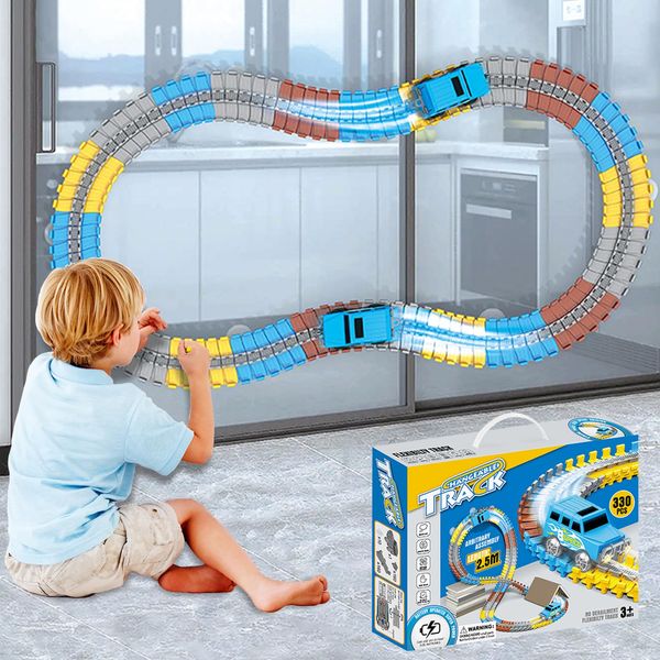 BUSYSIR 330pcs Race Tracks for Kids - Tracks with Suction Cups for attaching - Customized Slots for Flexible Light-up Racing car Track Toys - Best Racing car playset for Kids Over 3 Years Old