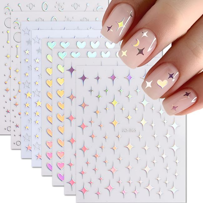 8 Sheets Aurora Nail Art Stickers 3D Self-Adhesive Pegatinas Uñas Nail Stickers Aurora Heart Nail Decals Star Moon Nail Supplies Nail Art Design Decoration Accessories for Women and Girls