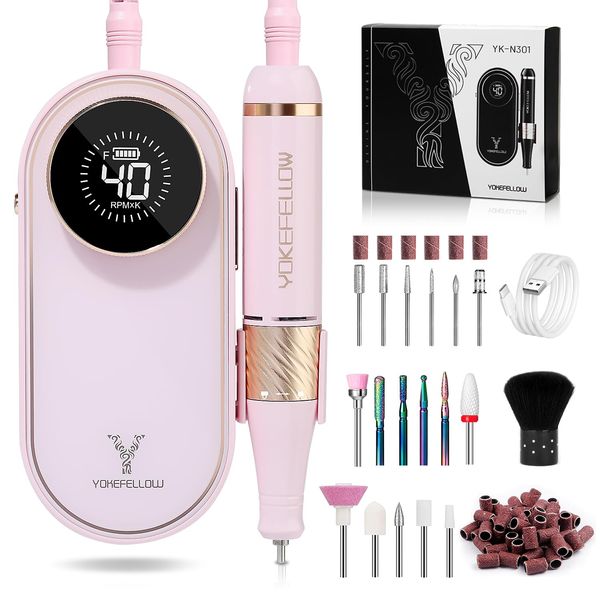 Yokefellow Professional Nail Drill Machine - 40000 RPM Electric Nail File Nail Drills for Acrylic Nails Professional with 12 Drill Bits Manicure Pedicure Polishing Nail Drill for Home Use