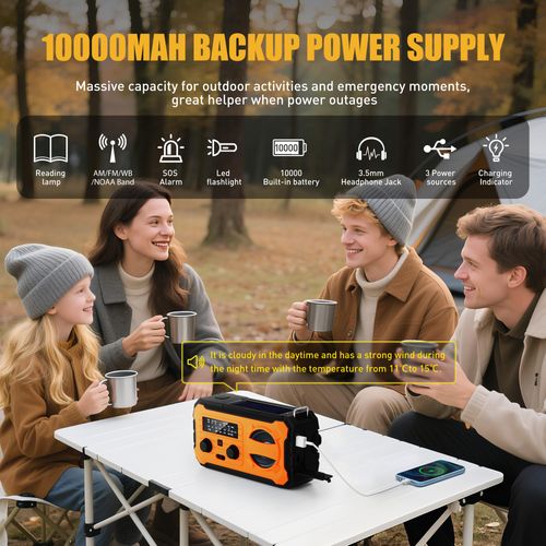 Hand Crank Emergency Radio, 10000mAh Weather Radio with AM/FM/NOAA, Solar Prower, SOS Alarm, Phone Charging, LED Flashlight, Portable Survival Gear for Outdoor & Home Emergencies Kits, Orange