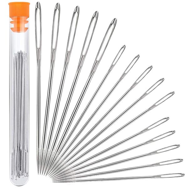 Hekisn Large Eye Sewing Needles, Sewing Needles, Stainless Steel Embroidery Thread Needle, Handmade Yarn Knitting Needles Leather Needle (15 Pieces)