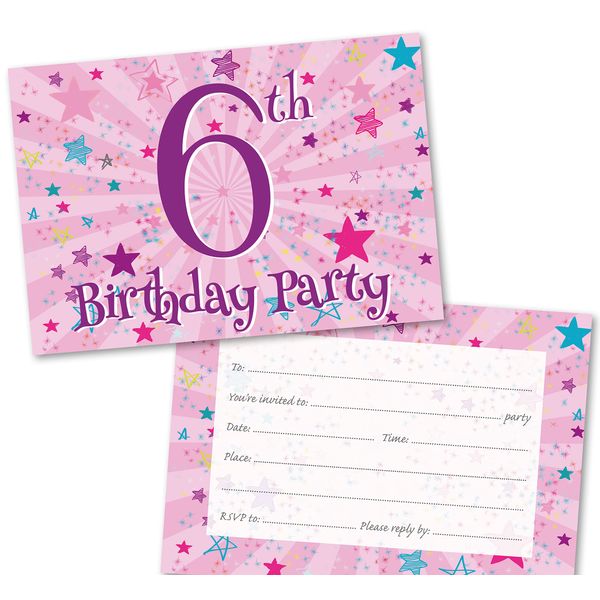 Age 6 Party Invitations Kids. Pack of 36. Pink Starburst themed invitation with matching envelopes. 120 x 172mm. Party Invites, Birthday Party Invitations. Designed and Printed in UK.