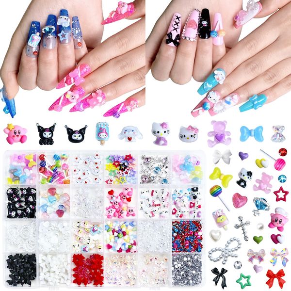 Briskbloom Mix Assorted 3D Nail Charms Kawaii Kitty Bowknot Lollipop Bear Planet Cross Nail Charm Supplies with Rhinestones Pearls Cartoon Nail Gems for Nail Design DIY Crafts Accessories