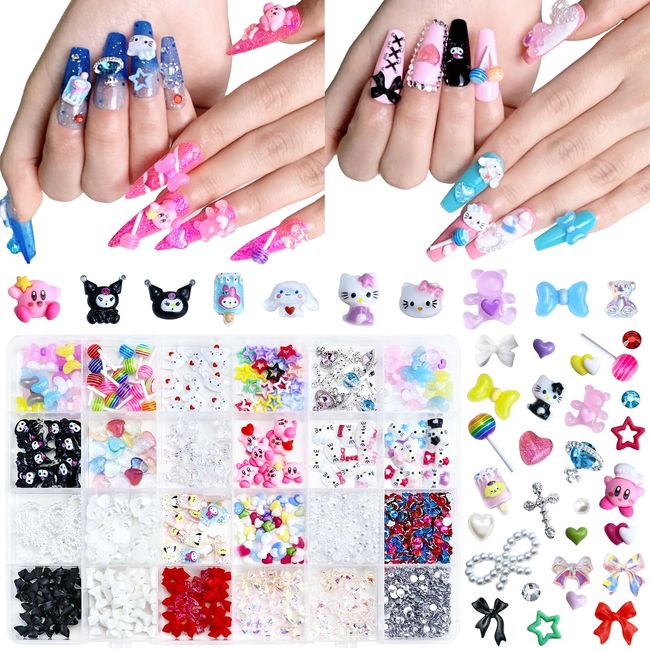 Briskbloom Mix Assorted 3D Nail Charms Kawaii Kitty Bowknot Lollipop Bear Planet Cross Nail Charm Supplies with Rhinestones Pearls Cartoon Nail Gems for Nail Design DIY Crafts Accessories