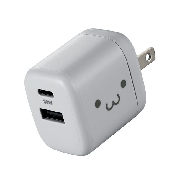 Elecom EC-AC14AGF Rapid Charger, Type C Charger, USB PD, 30 W, 2 Ports (USB-C/USB-A) Small, Lightweight, Supports PD3.0, GaN, Folding Plug, Compatible with iPhone, iPad, Macbook Air, Surface and Other Devices That Can Charge PD30W Standards, Gray Face