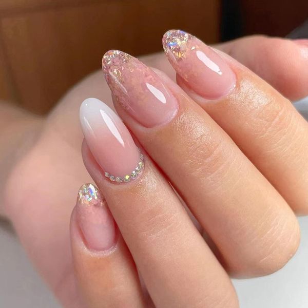 24pcs Short Oval False Nails Pink Glitter Press on Nails Fake Nails Glue on Nails with Rhinestone Removable Stick on Nails Full Cover Acrylic Fake Nails Women Girls Nail Art Accessories