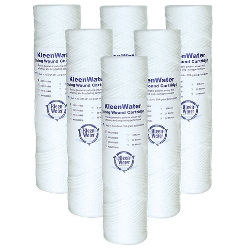 KleenWater KW2510SW Replacement String Wound Water Filters Cartridges, Dirt Rust Sediment Filtration, Made in USA, Set of 6