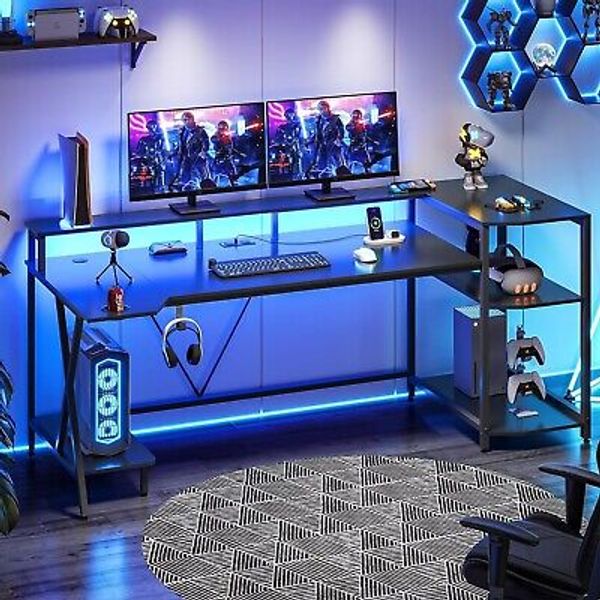 Gaming Desk 70.8'' with LED Lights&Storage Shelves Computer Desk w/Power Outlets