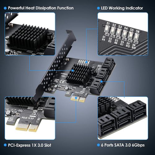 YBBOTT PCIe SATA 6 Port Card 3.0 6 Gbit/s Expansion Card Sata Controller GEN3 ASM1166 Chipset with 6 SATA Cables and Flat Bracket