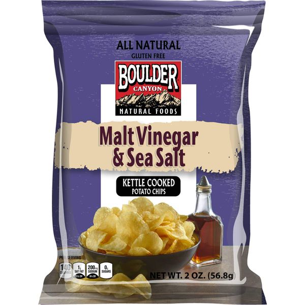 Boulder Canyon Malt Vinegar and Sea Salt Kettle Cooked Potato Chips - 2 oz. bag, 8 per case