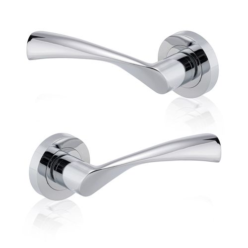 XFORT Polished Chrome Warped Lever On Rose Door Handles, Twisted Lever Latch Rose Door Handle, Ideal for Internal Wooden Doors for Home and Office (1 Pair)