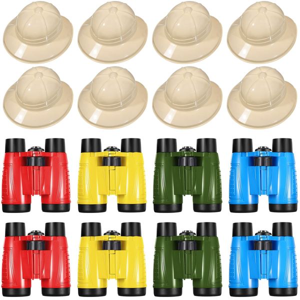 16 Pcs Safari Hats for Kids, 8 Safari Party Hats Plastic Jungle Theme and 8 Binoculars with Neck String for Kids Themed Birthday Party and Safari Dress (Simple Style)