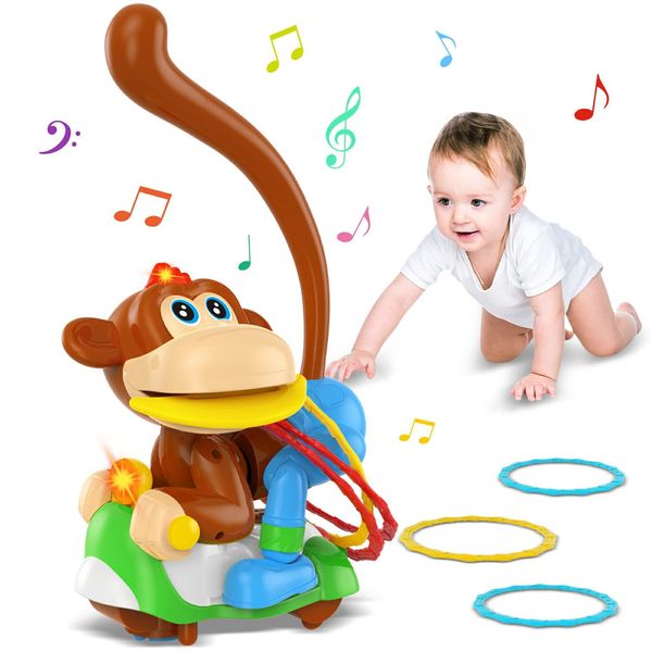 TI-TOO Baby Monkey Musical Crawling Toys 1-3 Year Old Boys Girls, Monkey Toddler Walking and Ring Toss Game Toys, Tummy Time Toys with Music & Lights Christmas Birthday Gifts for 3+ Boys Girls.