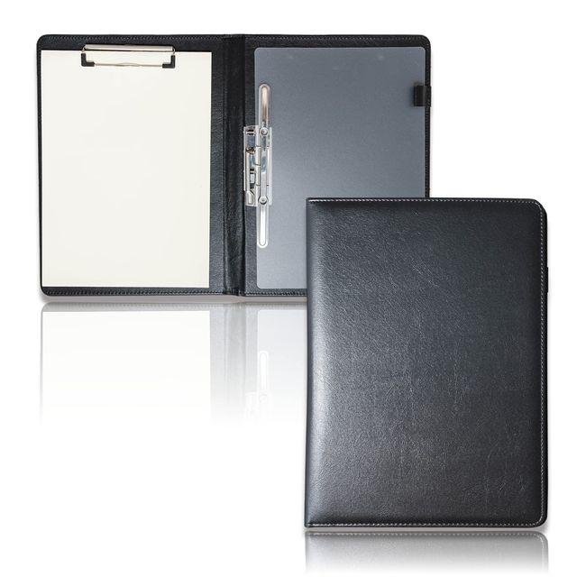 LINOLUNA Binder A4 Bi-Fold Clipboard Clip File PU Leather Pen Holder (Black)