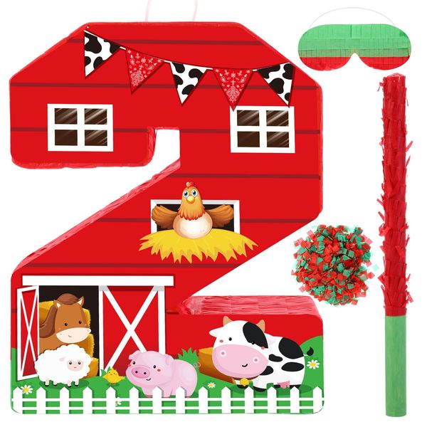 Hungdao Farm Birthday Piñata Number Piñata with Blindfold Bat and Confetti Farm Animal Piñata for Boys Girls Birthday Party Decorations Barnyard Baby Shower Carnival Game Supplies(Farm Number 2)