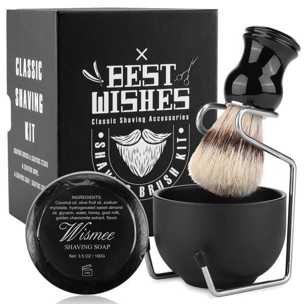 Wismee Men's Shaving Brush Set Boar Bristle Hair Shaving Brush, Stainless Steel Shaving Bowl & Stand, 3.5Oz Shaving Soap Wet Shaving Cleaning Tool Birthday Father Day Gifts for Him Men