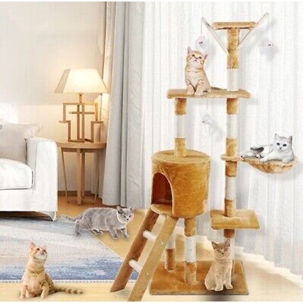 JL Comfurni Cat Tree Pet Climbing Tower Scratching Post Dark Beige 138cm H