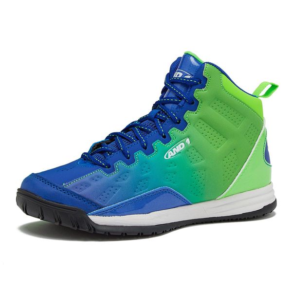 AND1 Showout Girls & Boys Basketball Shoes Kids, Boys High Top Sneakers- Medium Blue/Light Green/White, 2 Little Kid