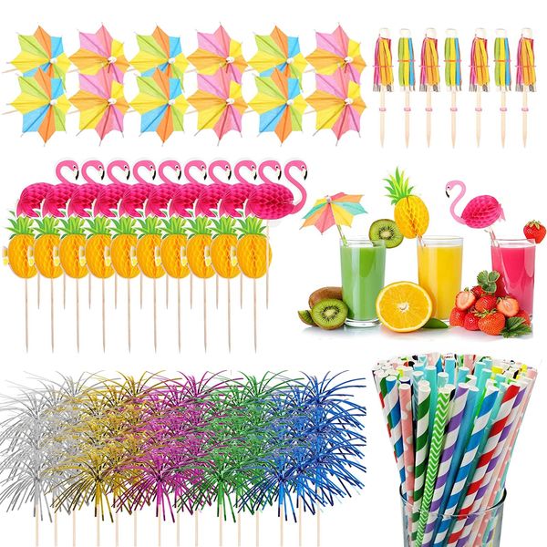 Yoolly Cocktail Accessories for Drinks,100pcs Cocktail Decorations,Food Drink Decorations with Straws,Paper Umbrellas,Flamingo/Pineapple/Sparkler Sticks,for Beach,Birthday,Music Festival,Summer Party