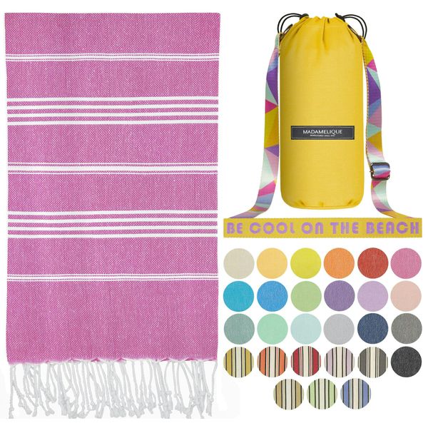 Madamelique Turkish Beach Towel with Beach Bag - 39 x 74 - Prewashed Beach Towels Oversized -%100Cotton - Quick Dry - Sand Free - Hand Loomed Turkish Bath Towels - Unique Turkish Towel (Pink)