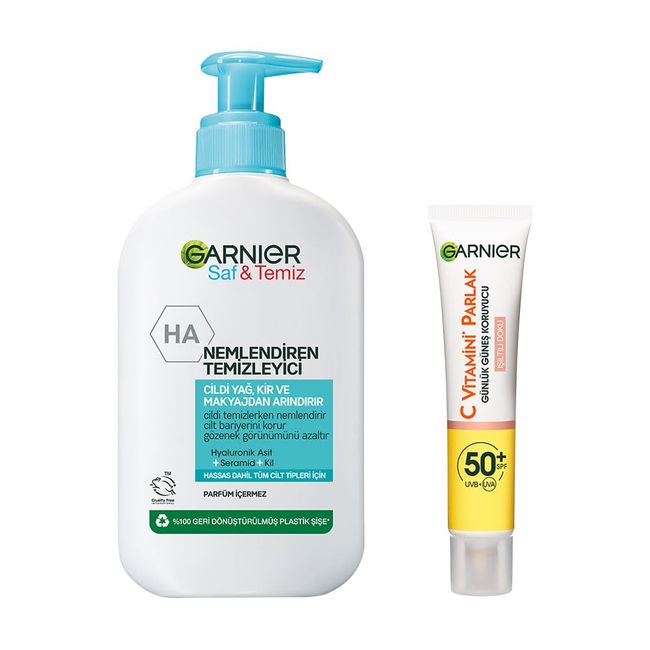 Garnier Saf&Temiz Nemlendiren Temizleyici 250 ml & C Vitamini Parlak Günlük Uv Korumalı Güneş Yüz Kremi Spf50 Işıltılı Doku 40ml Cilt Bakım Seti