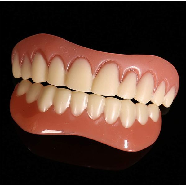 2 PCS top and bottom tooth set instant comfort fit flex cosmetic teeth smile, bright white shade, comfortable upper veneer, one size fits most