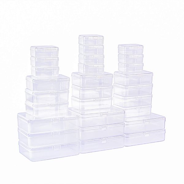 LJY 28 Pieces Mixed Sizes Rectangular Empty Mini Plastic Storage Containers with Lids for Small Items and Other Craft Projects (Clear)