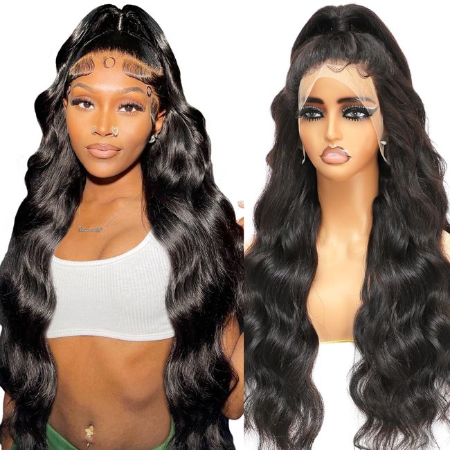 28 Zoll 13x4 Lace Front Glueless Wig Human Hair For Black Women, 180% Dichte Body Wave Echthaar Perücke With 100% Brasilianisches Echthaar, Perücken Damen Echthaar mit Babyhaar(70cm)