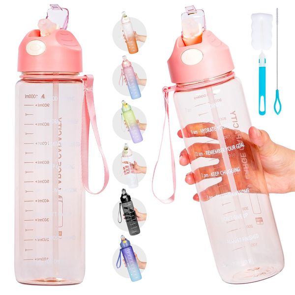 Water Bottle 1L, Sports Water Bottle with Straw & Time Maker, Drinks Bottle with Bottle Brush and Filter, Leak-proof, BPA-free Plastic Drink Bottle for Running Gym Cycling Office School (Light Pink)