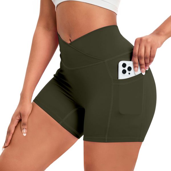 Vertvie V Cross Gym Shorts Women's Workout Shorts V Waist High Waist Short Sports Trousers Butt Lift Stretch Yoga Leggings with Side Pockets Push Up Cycling Shorts Summer, 1 x army green, L