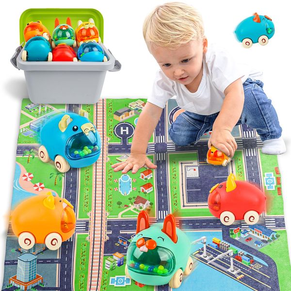 BELLOCHIDDO Baby Truck Car Toys with Playmat/Storage Box|6 Sets Baby Pull-Back Truck with Playmat and Storage Box for Toddlers Age 1-2|First Christmas Boys Gifts for Toddler Toys Age 1-2