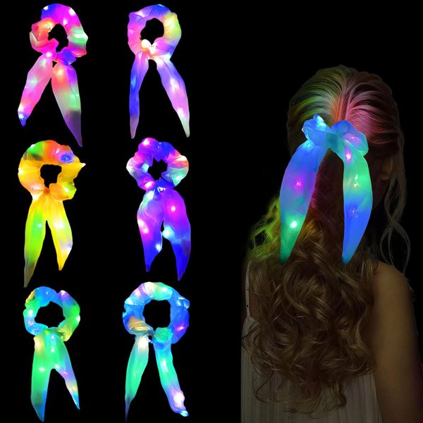 Neon Kopfbedeckungen, 6 Stücke Leuchtende Helle Haarschmuck, Led Haargummis Haarschmuck, LED Hair Scrunchies, Luminous Ponytail Holder, Leuchtender Haarbänder mit 3 Licht Modi für Frauen Mädchen