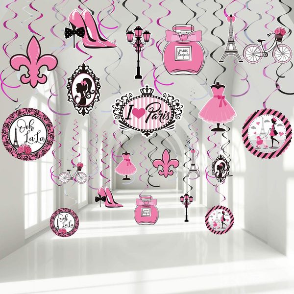 30 Pieces Paris Party Hanging Swirls Decorations, Pink Paris Eiffel Tower High Heels Ooh La La Card Hanging Metallic Foil Streamers Decor Kid Boy Girl Birthday Theme Party Baby Shower Supplies