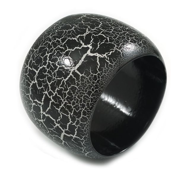 Avalaya Wide Chunky Cracked Effect Wood Bracelet Bangle (Black/White) - Medium Size